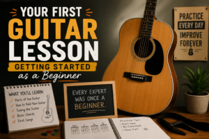 A warm-toned acoustic guitar standing in a bright, cozy room.
