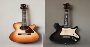 A split view showing an acoustic and electric guitar headstock side-by-side.