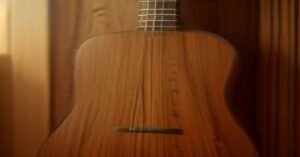 A close up view of a wooden acoustic guitar neck resting in warm light.
