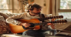 A person learning to play an acoustic guitar in a bright sunlit room.