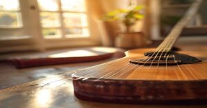 A beginner playing an acoustic guitar in a bright sunlit room.