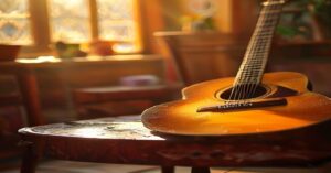 A close-up view of a vintage sunburst acoustic guitar.