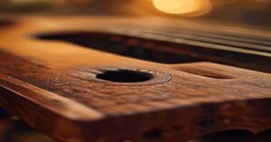A close-up view of a natural wood acoustic guitar body.