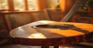 A close-up view of an acoustic guitar in a warm, sunlit room.