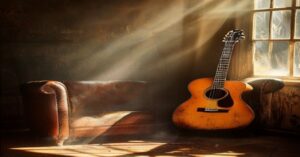 A classic acoustic guitar resting in a quiet studio space.