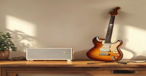 A small practice guitar amplifier sitting on a desk next to an electric guitar.
