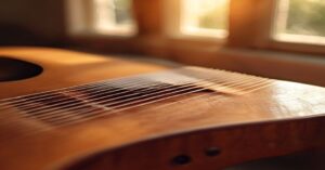 Close up of acoustic guitar strings on a wooden fretboard.
