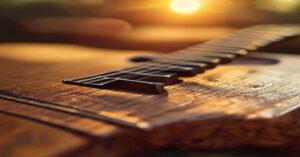A beginner guitar player practicing a chord shape on an acoustic guitar in natural sunlight.