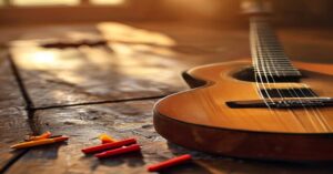 A close-up view of a wooden acoustic guitar sitting in natural sunlight.