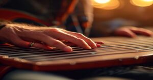 A close up view of a beginner guitar student learning proper finger placement on the fretboard.
