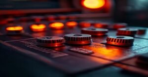 A close-up view of the control knobs on a guitar amplifier.