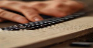A close-up view of a beginner guitar student playing a major chord on the fretboard.