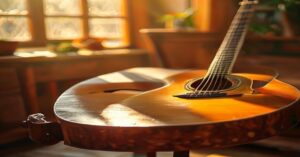 A close-up of a vintage sunburst acoustic guitar.