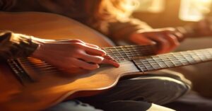 Close up of a hand playing guitar minor chords on an acoustic instrument