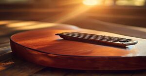 A close-up view of an acoustic guitar neck.