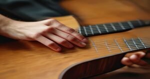 Close up of a beginner guitarist hand on the guitar fretboard