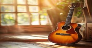 An acoustic guitar placed in a sunlit room.