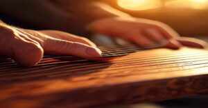 A close-up view of fingers pressing down on guitar strings to form a chord on a wooden acoustic guitar.
