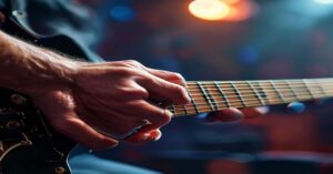 Close-up of a hand playing power chords on an electric guitar.