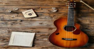 A close-up view of a guitar with a notebook showing guitar tablature notation.