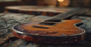 A close-up view of a guitar fretboard on a wooden table.