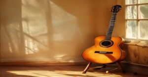 A beautiful vintage sunburst acoustic guitar in a bright, cozy room.