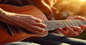 A close-up photo of a beginner guitar player practicing finger placement on the fretboard.