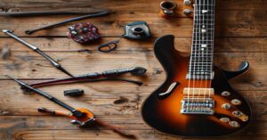 Tools for adjusting guitar intonation on a workbench near an electric guitar bridge.