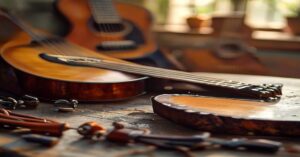 Professional guitar tools and an acoustic guitar bridge in natural lighting.
