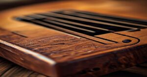 Close up of an acoustic guitar bridge and strings on a wooden body.