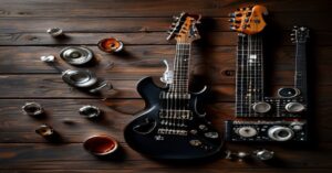 Professional guitar gear laid out on a dark wooden surface including a guitar neck and strings.
