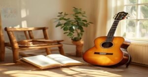 Acoustic guitar sitting in a sunlit room for a practice session.