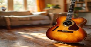 A classic vintage sunburst acoustic guitar on a wooden floor.