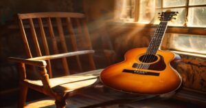 A classic vintage sunburst acoustic guitar in a warm, sunlit practice space.