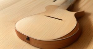 A close-up view of a wooden acoustic guitar neck showing the fretboard.