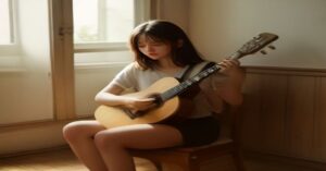 A beginner practicing on an acoustic guitar in a bright, sunlit room.