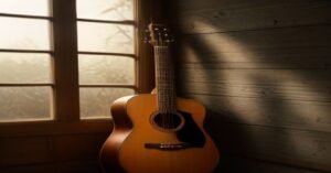 An acoustic guitar resting against a wooden surface in a cozy room.
