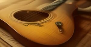Close up of vintage sunburst guitar bridge and strings.
